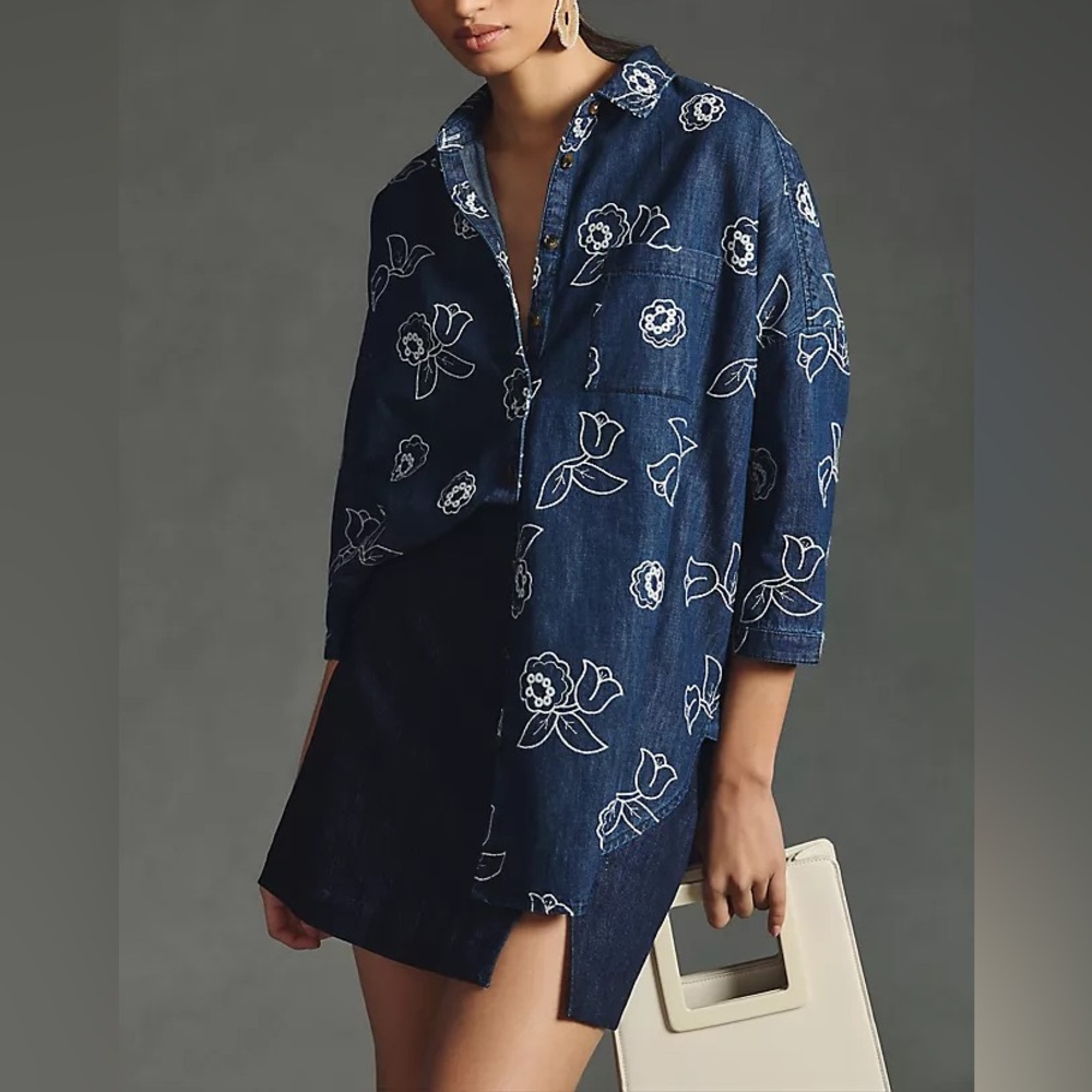 Anthropologie Maeve floral embroidered oversized denim button down shirt